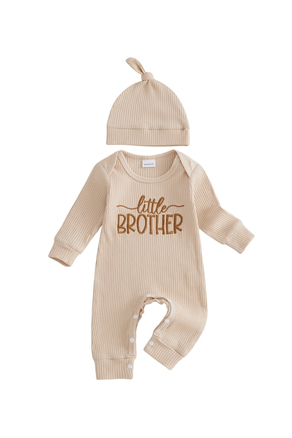 Newborn Baby Boy Little Brother Outfit Rib Knit Romper Letter Embroidered Long Sleeve Infant Spring Fall Winter Clothes Bodysuits Jumpsuits with Hat