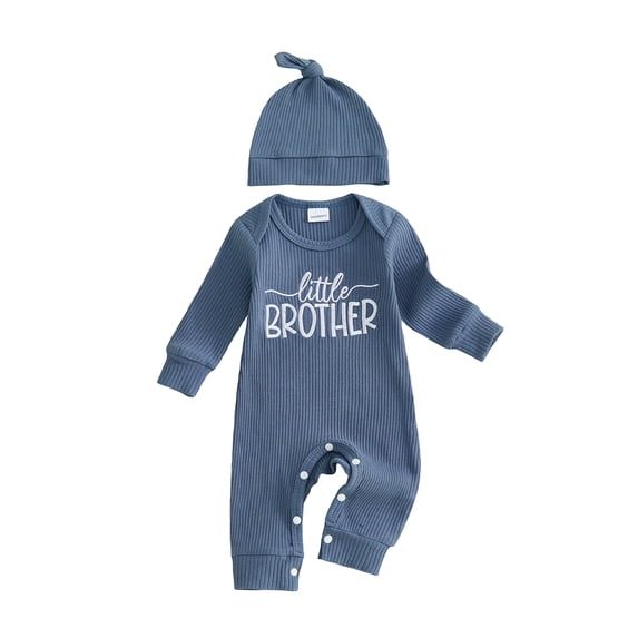 BemeyourBBs Newborn Baby Boy Little Brother Outfit Rib Knit Romper Letter Embroidered Long Sleeve Infant Spring Fall Winter Clothes Bodysuits Jumpsuits with Hat