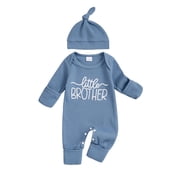 BemeyourBBs Newborn Baby Boy Little Brother Outfit Waffle Knit Jumpsuit and Hat Set Long Sleeve Letter Embroidery Romper with Cap Clothes Set