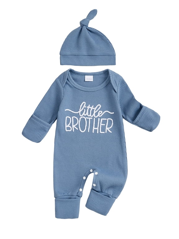Newborn Baby Boy Little Brother Outfit Waffle Knit Jumpsuit and Hat Set Long Sleeve Letter Embroidery Romper with Cap Clothes Set