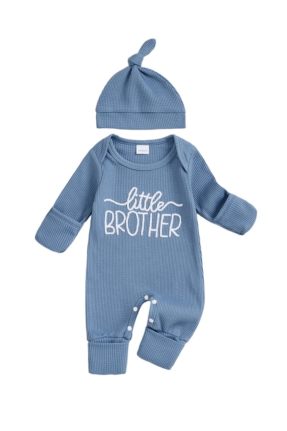 Newborn Baby Boy Little Brother Outfit Waffle Knit Jumpsuit and Hat Set Long Sleeve Letter Embroidery Romper with Cap Clothes Set