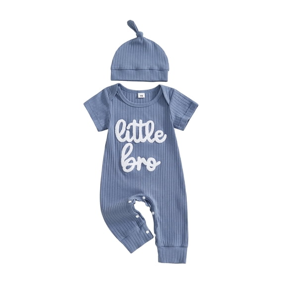 BemeyourBBs Newborn Baby Boy Little Brother Outfits Cute Little Bro Letters Rib Romper Short Sleeve Full Length Jumpsuit Hat Infant Spring Summer Clothes