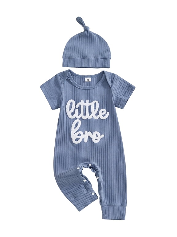 Newborn Baby Boy Little Brother Outfits Cute Little Bro Letters Rib Romper Short Sleeve Full Length Jumpsuit Hat Infant Spring Summer Clothes