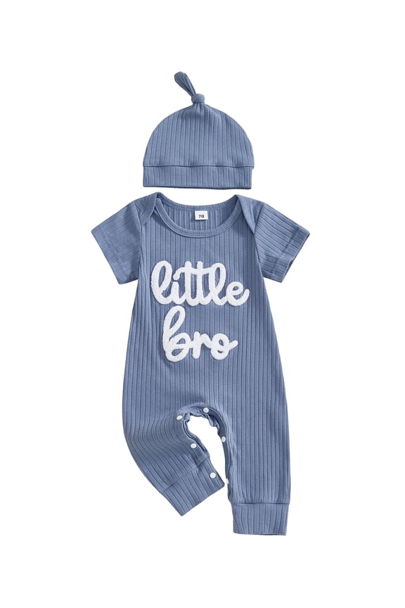 Newborn Baby Boy Little Brother Outfits Cute Little Bro Letters Rib Romper Short Sleeve Full Length Jumpsuit Hat Infant Spring Summer Clothes