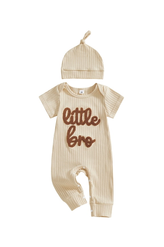 Newborn Baby Boy Little Brother Outfits Cute Little Bro Letters Rib Romper Short Sleeve Full Length Jumpsuit Hat Infant Spring Summer Clothes