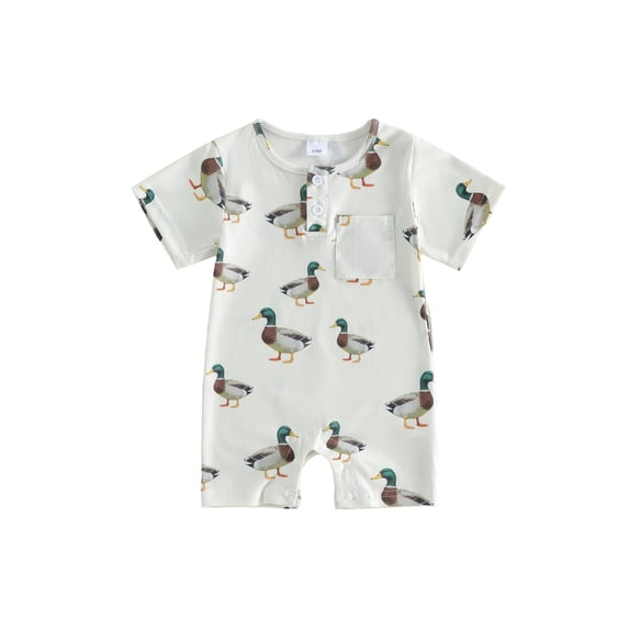 BemeyourBBs Newborn Baby Boy Mallard Duck Outfit Infant Baby Boys Summer Clothes Romper Shors Short Sleeve Duck Cattle Print Jumpsuit with Chest Pocket One Piece Playsuit