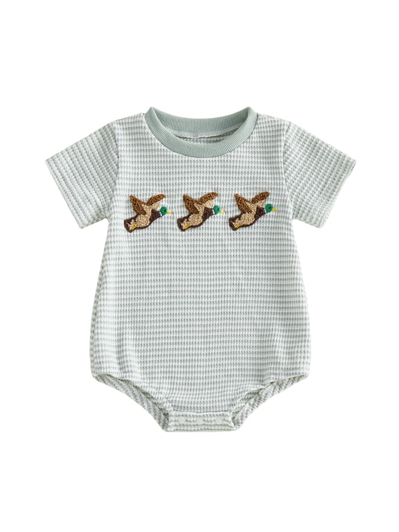 Newborn Baby Boy Mallard Duck Outfits Waffle Knit Bubble Romper Cute Infant Summer Clothes Short Sleeve Duck Embroidery Bodysuit Playsuit