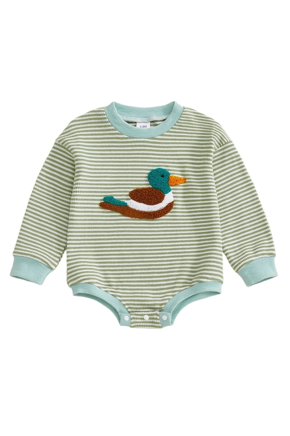 Newborn Baby Boy Mallard Outfit Bubble Romper Sweatshirt Spring Fall Winter Clothes Waffled Stripe Duck Embroidery Long Sleeve Jumpsuit