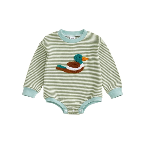 BemeyourBBs Newborn Baby Boy Mallard Outfit Bubble Romper Sweatshirt Spring Fall Winter Clothes Waffled Stripe Duck Embroidery Long Sleeve Jumpsuit