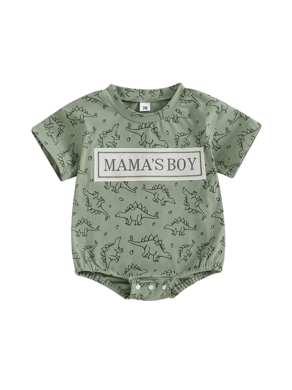 Newborn Baby Boy Mama's Boy Clothes Summer Dinosaur Outfit Bubble Romper Letter Embroidery Short Sleeve Bodysuit Casual Jumpsuit Playsuit