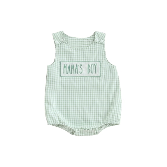 BemeyourBBs Newborn Baby Boy Mothers Day Outfit Summer Bubble Romper Overalls Mama's Boy Letter Embroidery Plaid Print Sleeveless Round Neck Jumpsuit Playsuit Bodysuit