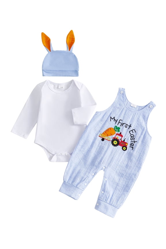 Newborn Baby Boy My First Easter Outfit Long Sleeve Romper Bunny Embroidery Plaid Overalls Jumpsuit Rabbit Ears Hat 3 Piece Spring Set