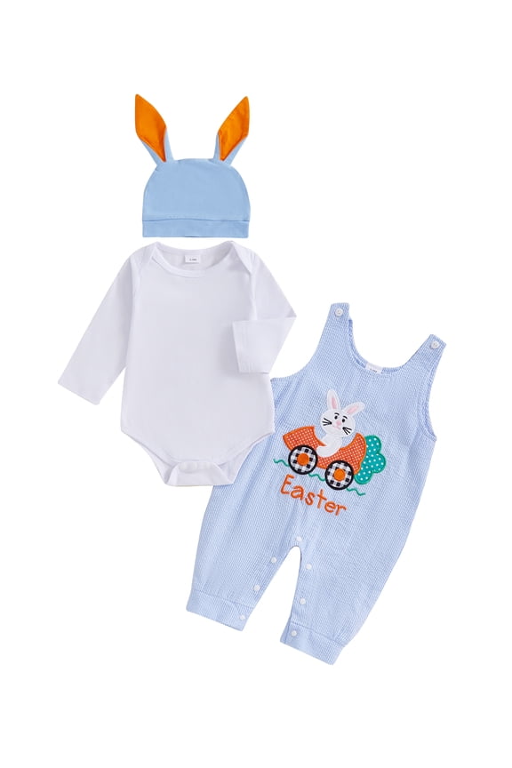 Newborn Baby Boy My First Easter Outfit Long Sleeve Romper Bunny Embroidery Plaid Overalls Jumpsuit Rabbit Ears Hat 3 Piece Spring Set