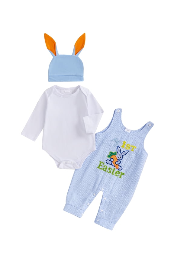 Newborn Baby Boy My First Easter Outfit Long Sleeve Romper Bunny Embroidery Plaid Overalls Jumpsuit Rabbit Ears Hat 3 Piece Spring Set