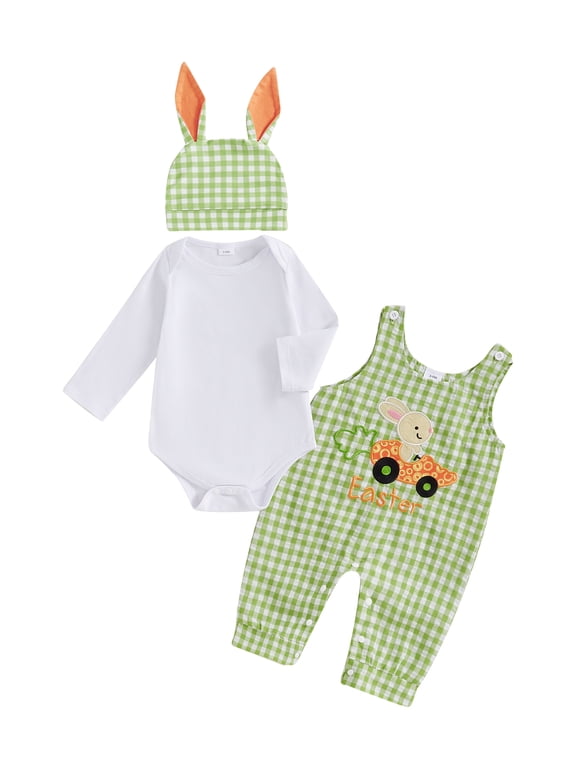 Newborn Baby Boy My First Easter Outfit Long Sleeve Romper Bunny Embroidery Plaid Overalls Jumpsuit Rabbit Ears Hat 3 Piece Spring Set