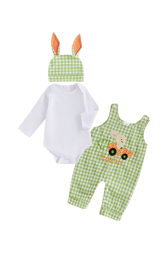Newborn Baby Boy My First Easter Outfit Long Sleeve Romper Bunny Embroidery Plaid Overalls Jumpsuit Rabbit Ears Hat 3 Piece Spring Set