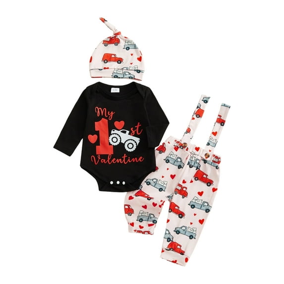 BemeyourBBs Newborn Baby Boy My First Valentines Day Outfit Romper Heart Suspender Pants and Cap 3 Pcs Set Cute Infant Spring Clothes