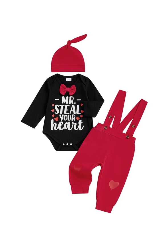 Newborn Baby Boy My First Valentines Day Outfit Romper Heart Suspender Pants and Cap 3 Pcs Set Cute Infant Spring Clothes