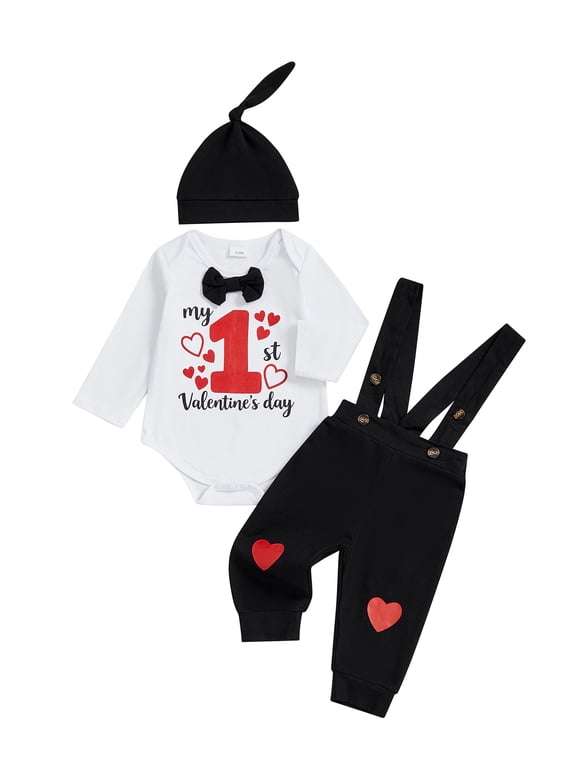 Newborn Baby Boy My First Valentines Day Outfit Romper Heart Suspender Pants and Cap 3 Pcs Set Cute Infant Spring Clothes