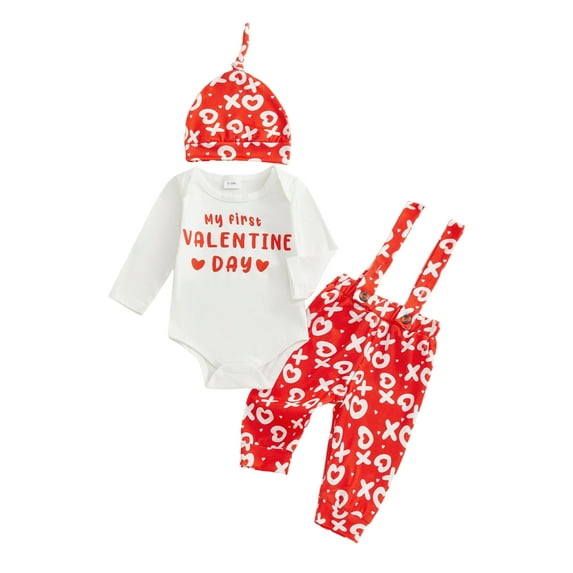 BemeyourBBs Newborn Baby Boy My First Valentines Day Outfit Romper Heart Suspender Pants and Cap 3 Pcs Set Cute Infant Spring Clothes