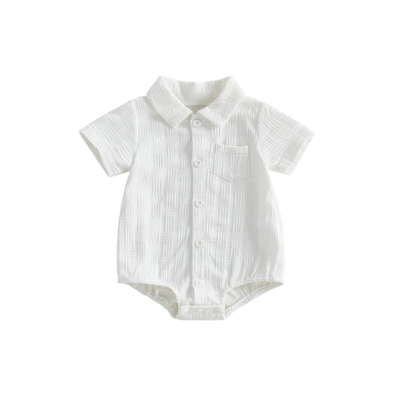 BemeyourBBs Newborn Baby Boy Shirt Romper Summer Clothes Lapel Neck Short Sleeve Button Down Front Jacquard Bodysuit Jumpsuit One Piece Outfits