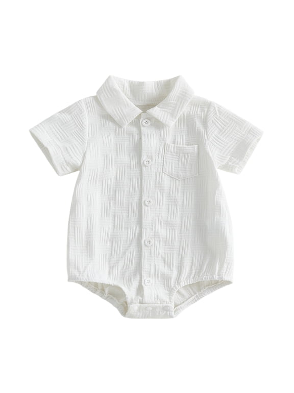 Newborn Baby Boy Shirt Romper Summer Clothes Lapel Neck Short Sleeve Button Down Front Jacquard Bodysuit Jumpsuit One Piece Outfits