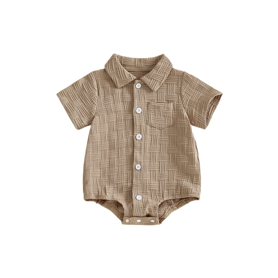 BemeyourBBs Newborn Baby Boy Shirt Romper Summer Clothes Lapel Neck Short Sleeve Button Down Front Jacquard Bodysuit Jumpsuit One Piece Outfits
