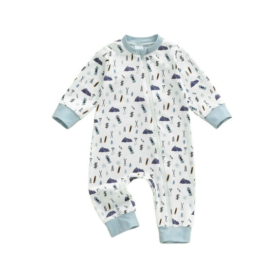 BemeyourBBs Newborn Baby Boy Ski Outfits Zipper One Piece Romper Long Sleeve Round Neck Ski Print Jumpsuit Fall Winter Spring Clothes