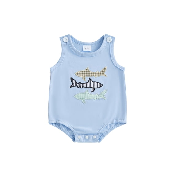 BemeyourBBs Newborn Baby Boy Summer Clothes Cute Infant Baby Boys Fishing Outfit Bubble Romper Overalls Sleeveless Shark Crab Embroidery Bodysuit Jumpsuit Playsuit
