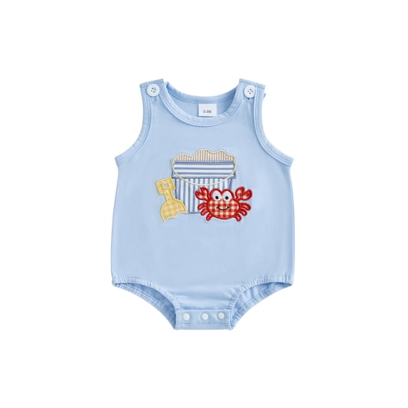 BemeyourBBs Newborn Baby Boy Summer Clothes Cute Infant Baby Boys Fishing Outfit Bubble Romper Overalls Sleeveless Shark Crab Embroidery Bodysuit Jumpsuit Playsuit