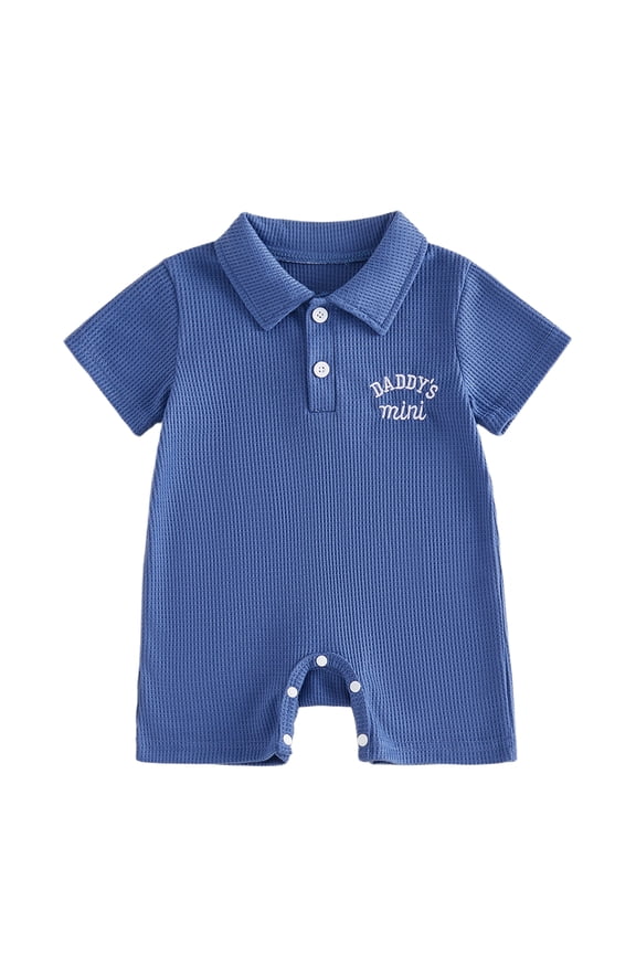 Newborn Baby Boy Summer Clothes Daddy‘s MIni Outfit Baby Boy Fathers Day Outfit 0 3 6 12 18 Months Texture Waffle Romper Shorts Letter Embroidery Turn Down Collar Jumpsuit Bodysuit