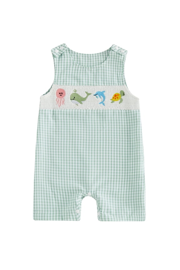 Newborn Baby Boy Summer Clothes Fishing Outfit Smocked Gingham Romper Overalls Shorts 0 3 6 12 18 Months Marine Life Embroidered Sleeveless One Piece Plaid Casual Jumpsuit