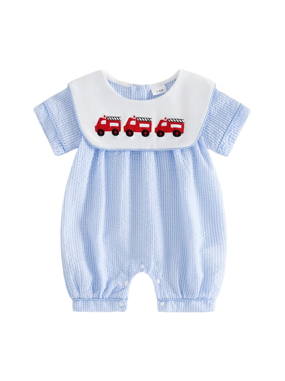 Newborn Baby Boy Summer Clothes Infant Baby Boy Firefighter Outfit Striped Bubble Romper Cute Fire Truck Embroidery Short Sleeve Jumpsuits