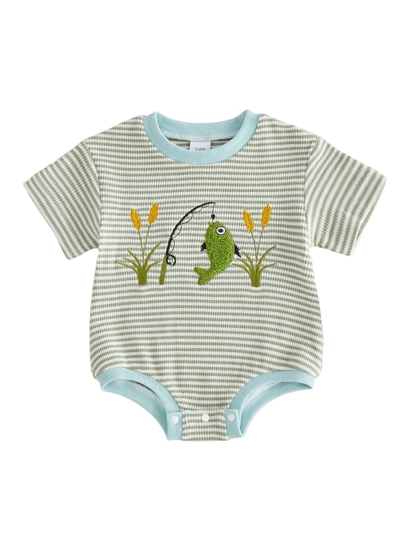 Newborn Baby Boy Summer Clothes Infant Baby Boys Fishing Outfit Bubble Romper Crew Neck Short Sleeve Fish Embroidery Striped Print Waffle Knit Bodysuit Jumpsuit Palysuit