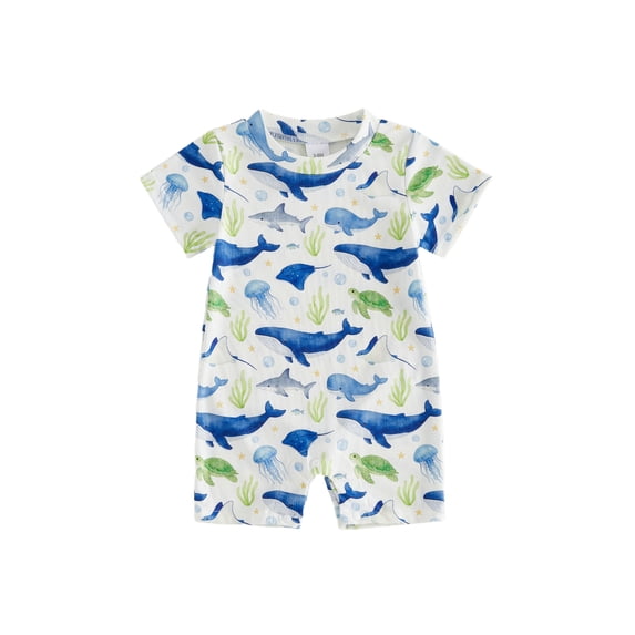 BemeyourBBs Newborn Baby Boy Summer Clothes Infant Baby Boys Ribbed Romper One Piece Outfit Cute Sailboat Marine Creatures Print Crew Neck Short Sleeve Jumpsuits