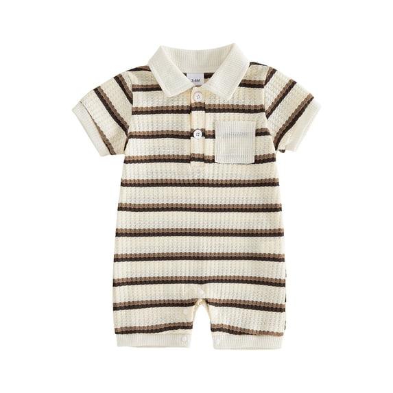 BemeyourBBs Newborn Baby Boy Summer Clothes Outfit Striped Waffled Knit Romper Cute Short Sleeve Collared Button-up Chest Pocket Jumpsuit Bodysuit 0 3 6 9 12 18 Months