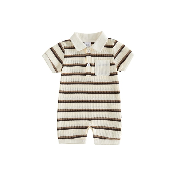 BemeyourBBs Newborn Baby Boy Summer Clothes Outfit Striped Waffled Knit Romper Cute Short Sleeve Collared Button-up Chest Pocket Jumpsuit Bodysuit 0 3 6 9 12 18 Months