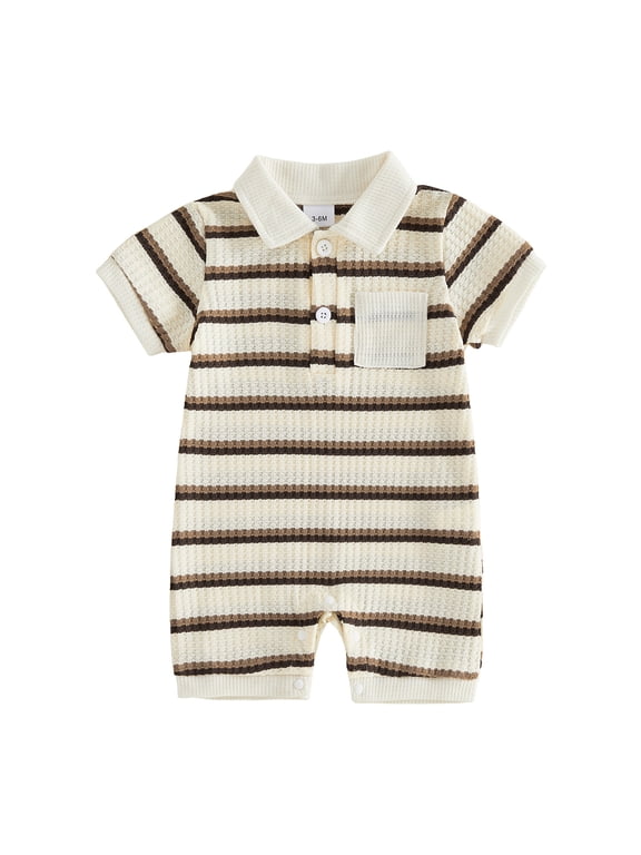 Newborn Baby Boy Summer Clothes Outfit Striped Waffled Knit Romper Cute Short Sleeve Collared Button-up Chest Pocket Jumpsuit Bodysuit 0 3 6 9 12 18 Months