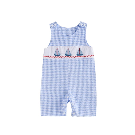 BemeyourBBs Newborn Baby Boy Summer Clothes Plaid Gingham Jumpsuit Romper Sleeveless Cute Sailboat Embroidery Plaid Print Bodysuit Playsuit Infant Baby Boys Summer Outfit