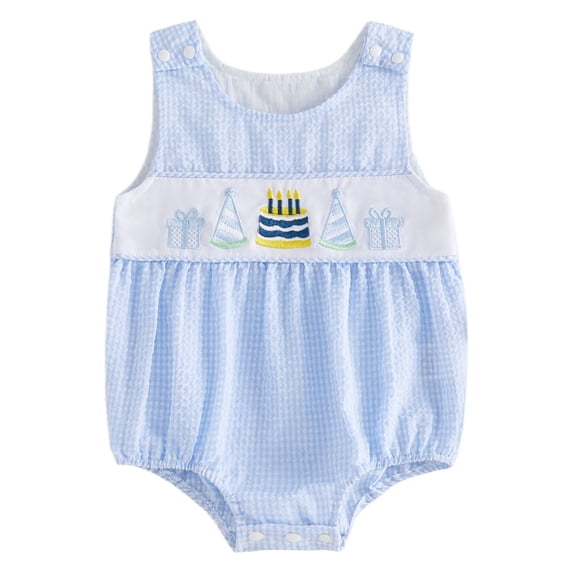 BemeyourBBs Newborn Baby Boys Birthday Outfit Infant Baby Boys Summer Clothes Bubble Rompers Birthday Party Hat Cake Embroidered Plaid Sleeveless Infant Bodysuits Jumpsuits Playsuit