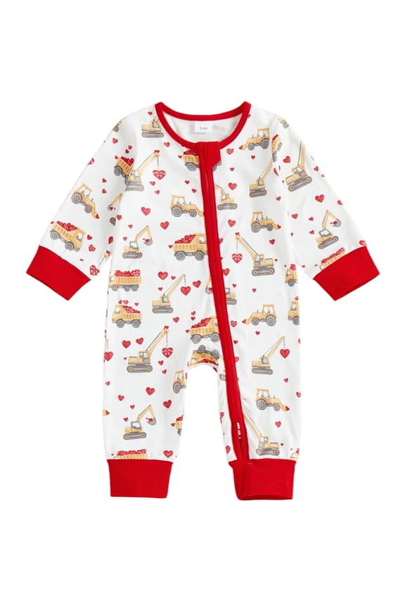 Newborn Baby Boys Girl Valentines Day Outfits Cute Infant Bear Excavator Romper Zipper One Piece Jumpsuit Long Sleeve Fall Winer Spring Clothes