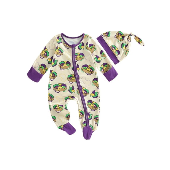 BemeyourBBs Newborn Baby Boys Girls Mardi Gras Outfit Footed Romper Hat Set Long Sleeve Printed Zip Up Footie Jumpsuit Cute Infant Spring Fall Winter Clothes
