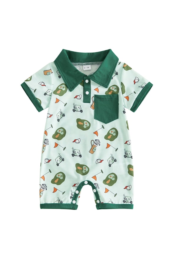 Newborn Baby Boys Golf Outfits Rompers Golf Print Turn Down Collar Short Sleeve Bodysuits Jumpsuits Infant Summer Clothes