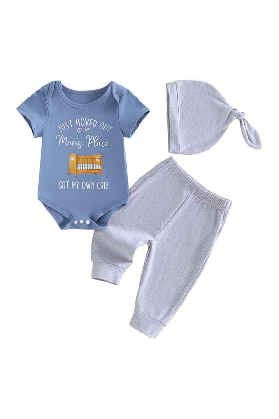 Newborn Baby Boys Hospital Coming Home Outfit 3Pcs Baby Boy Clothes Just Moved Out Of My Mom's Place Got My Own Crib Letters Print Short Sleeve Romper with Pants Set Hat