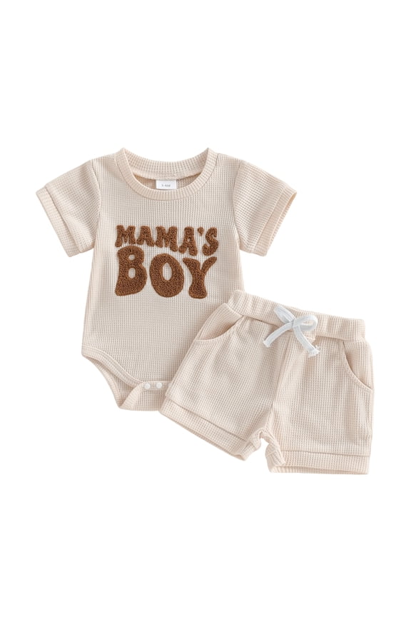 Newborn Baby Boys Mama's Boy Outfit Infant Baby Boy Summer Clothes Waffle Knit Short Sleeve Letters Embroidery Romper with Shorts Set 2Pcs Outfits