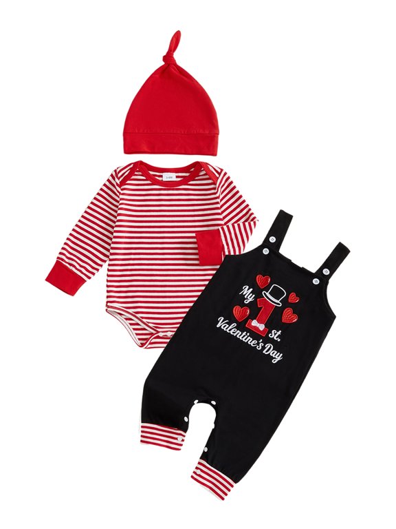 Newborn Baby Boys My First Valentines Day Outfit Sets Long Sleeve Crew Neck Striped Romper Suspender Pants Hat Set