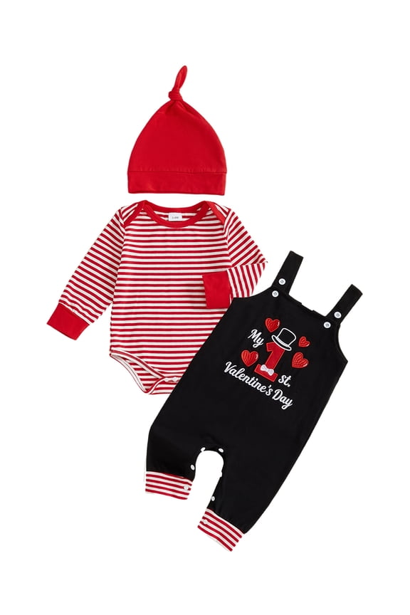 Newborn Baby Boys My First Valentines Day Outfit Sets Long Sleeve Crew Neck Striped Romper Suspender Pants Hat Set