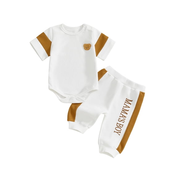 BemeyourBBs Newborn Baby Boys Spring Summer Fall Clothes Infant Baby Boy Mama's Boy Outfits Waffle Patchwork Bear Embroidered Short Sleeve Rompers Long Pants 2Pcs Clothes Set