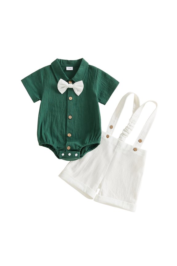 Newborn Baby Boys Summer Clothes Cotton Linen Baptism Day Gentleman Outfit Short Sleeve Bowtie Shirt Romper with Suspender Shorts Set