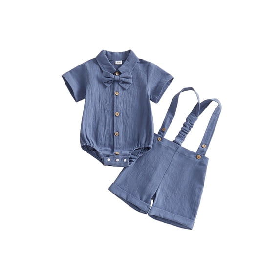 BemeyourBBs Newborn Baby Boys Summer Clothes Cotton Linen Baptism Day Gentleman Outfit Short Sleeve Bowtie Shirt Romper with Suspender Shorts Set
